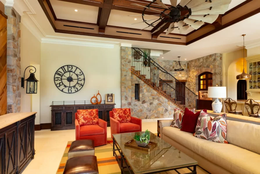 Family Room with Coffered Ceiling to Quarried Stone Reclaimed Wood Stair